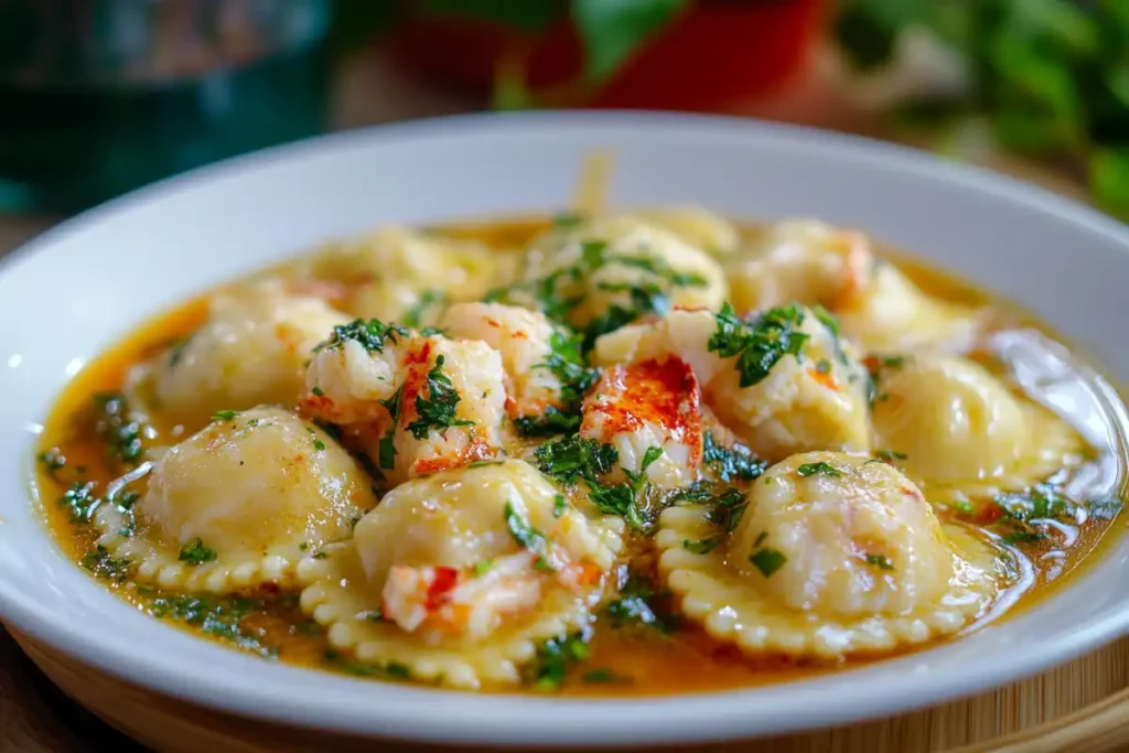 Close-up of lobster ravioli with herbs