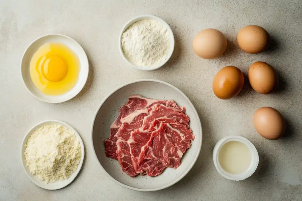 Ingredients for making what cut of steak is milanesa, showing the sliced beef and breadcrumbs.