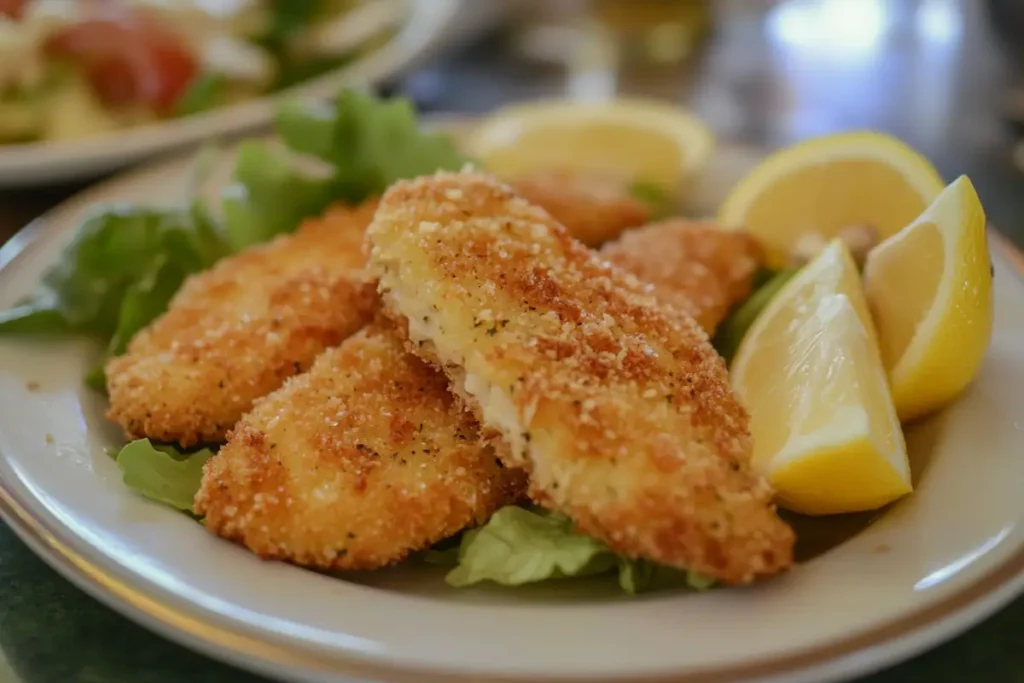 A plate of milanesa with lemon wedges, showing the perfect what cut of steak is milanesa.