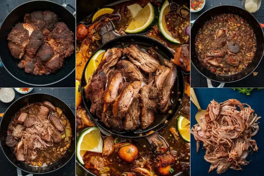 A collage shows the steps of making pulled pork.