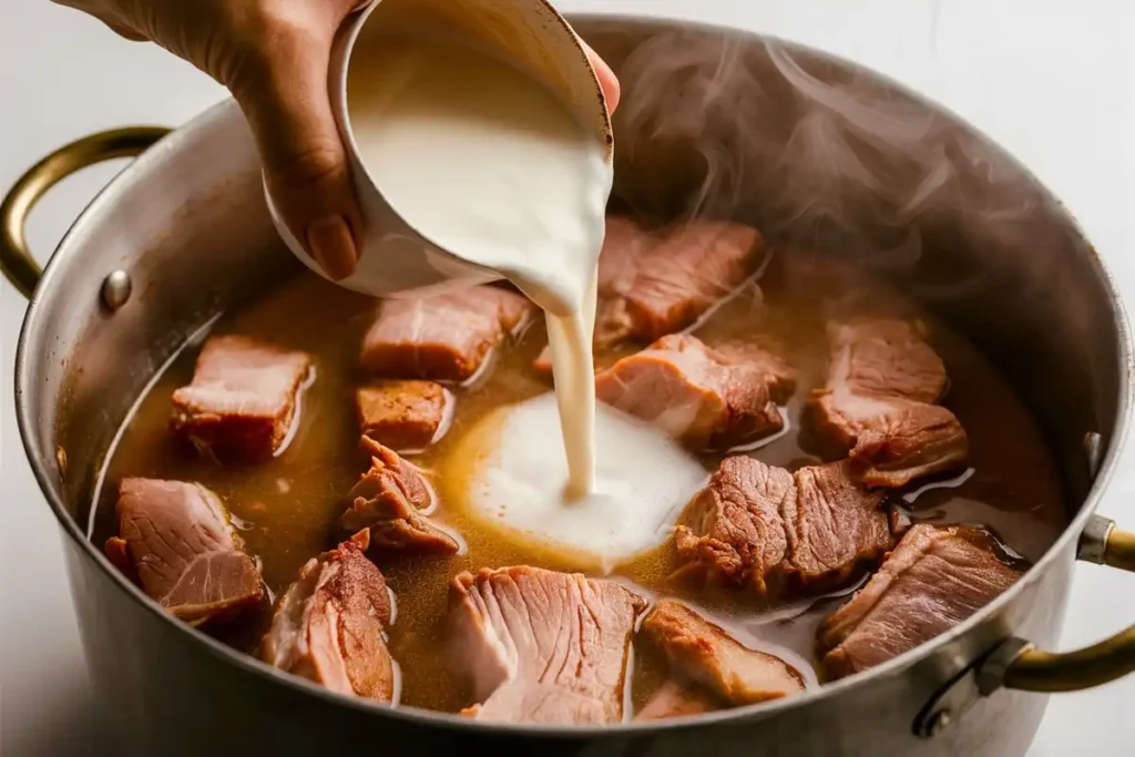 A hand pours cream from a small pitcher into a pot of simmering ham and broth.