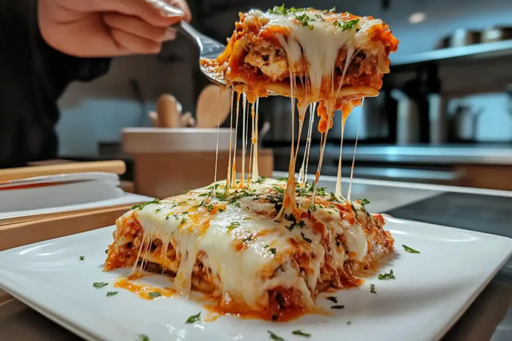 Serving a slice of million dollar lasagna.