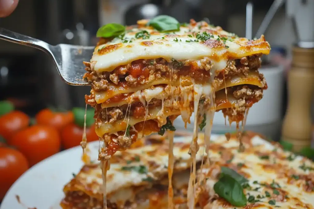 Overhead view of million dollar lasagna with ingredients.