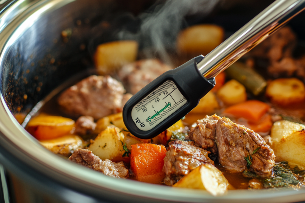 Slow cooker, thermometer, food safety, check temperature, cooking progress