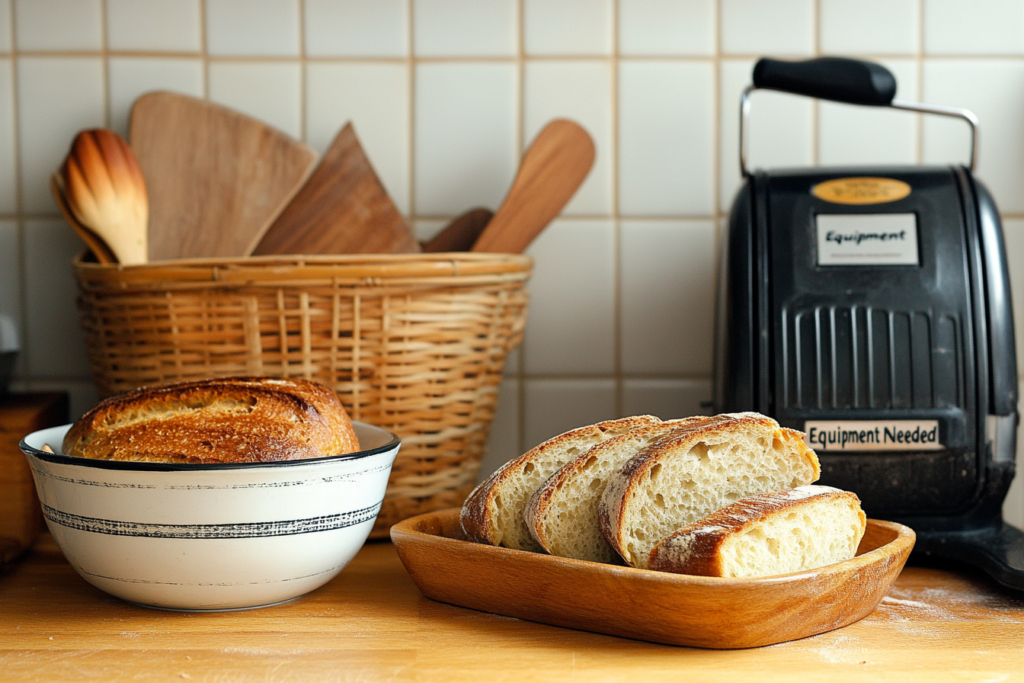 A still life photograph showcasing a panini press, alongside a mixing bowl, proofing basket, and bread knife, representing tools used for making both paninis and regular bread.