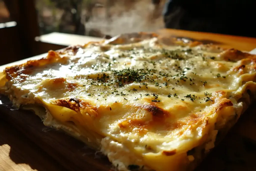 Close-up of million dollar lasagna layers on a rustic table.