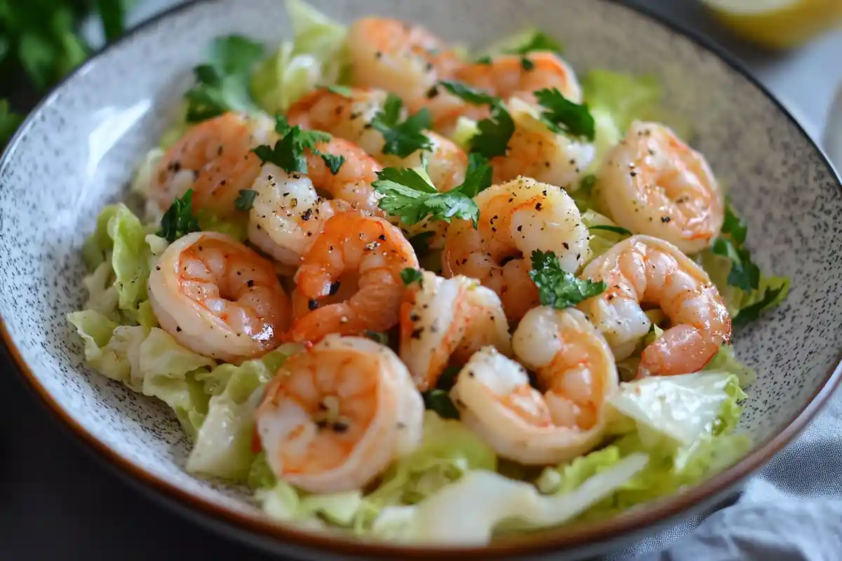 Delicious shrimp and cabbage recipe served in a bowl.