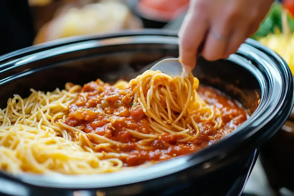 Delicious crockpot spaghetti with a rich sauce.