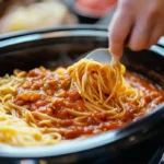 Delicious crockpot spaghetti with a rich sauce.