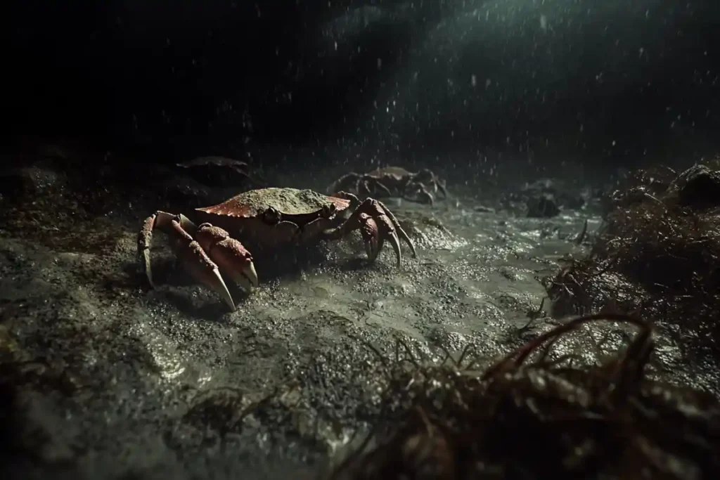 Snow crab on ocean floor, a pale crustacean in its natural habitat