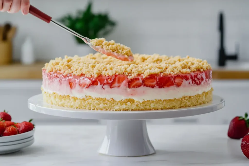 Assembling a strawberry cheesecake crunch cake