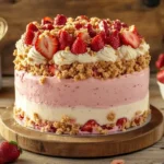 Strawberry Cheesecake Crunch Cake on a wooden table