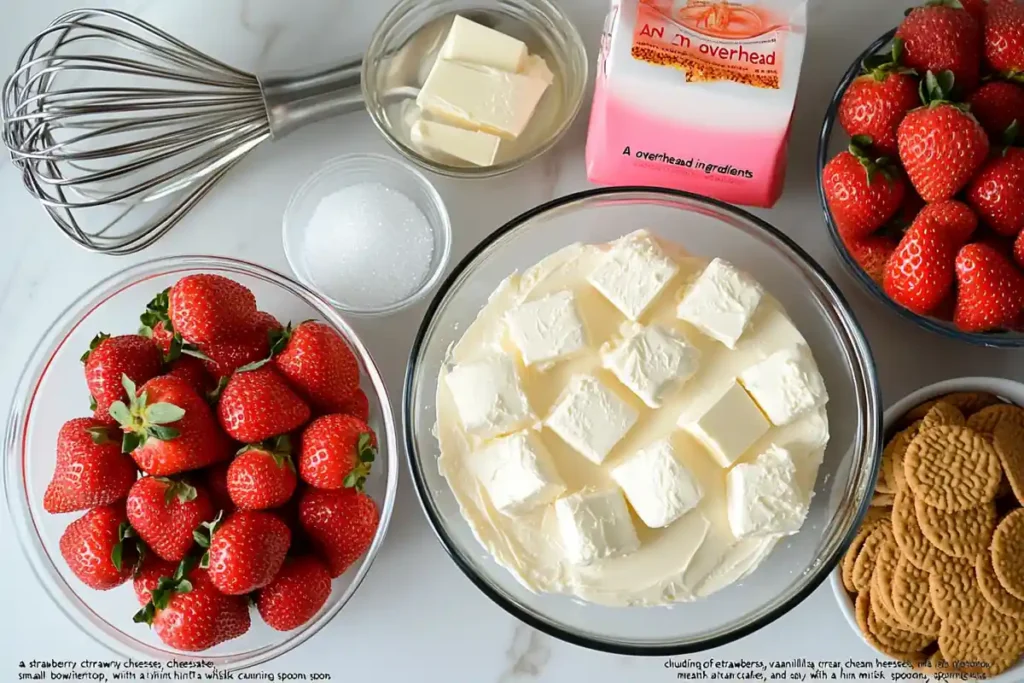 Ingredients for strawberry cheesecake crunch cake