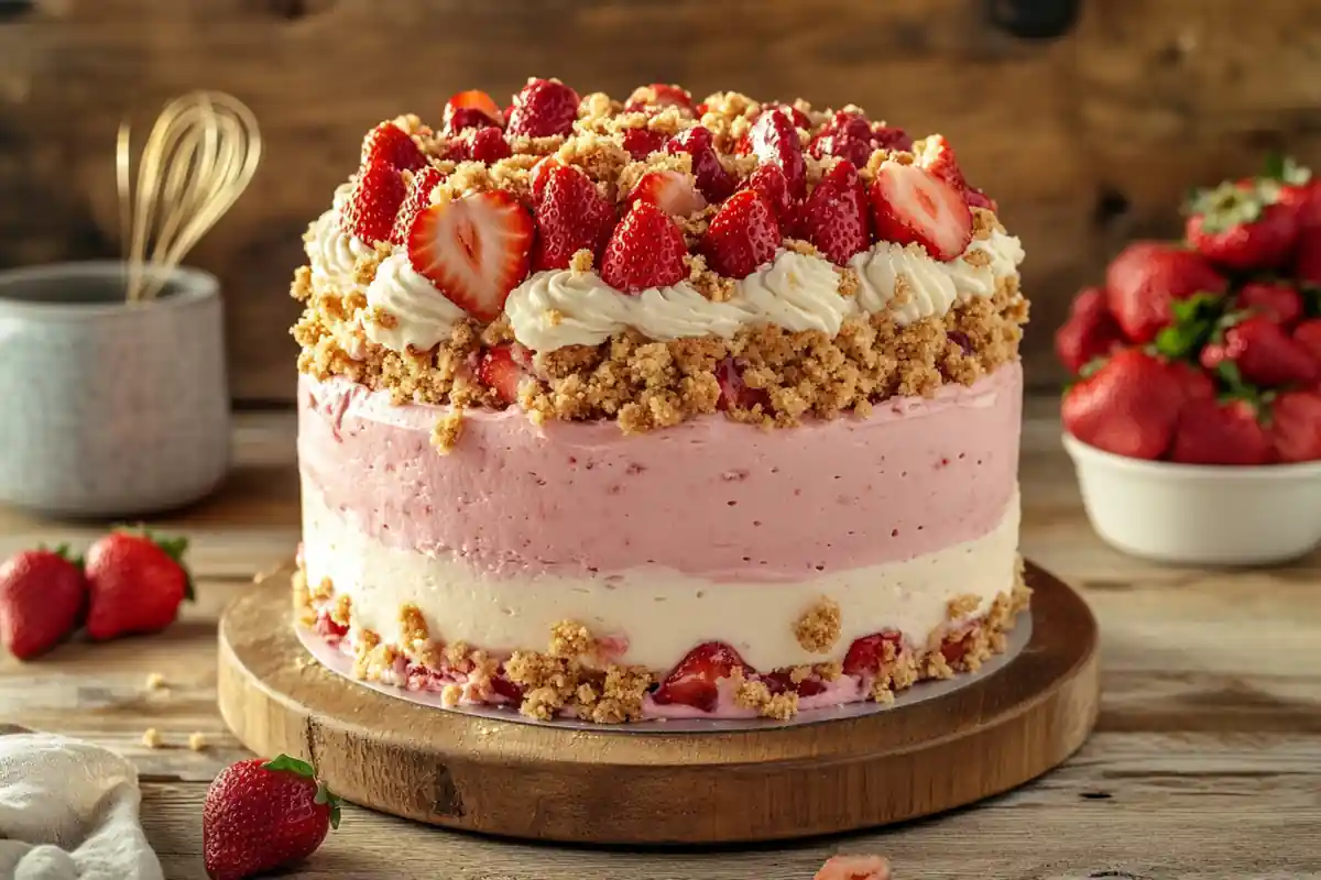 Strawberry Cheesecake Crunch Cake on a wooden table