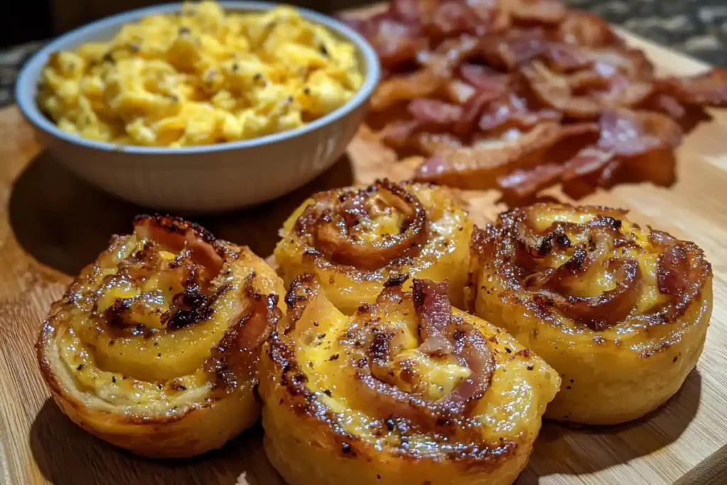 Golden-brown breakfast pizza rolls on a cutting board.