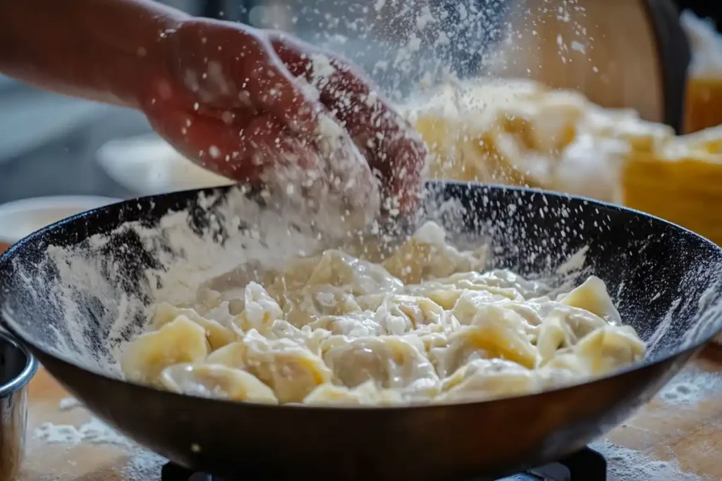 Steaming wonton noodle soup with fresh ingredients.