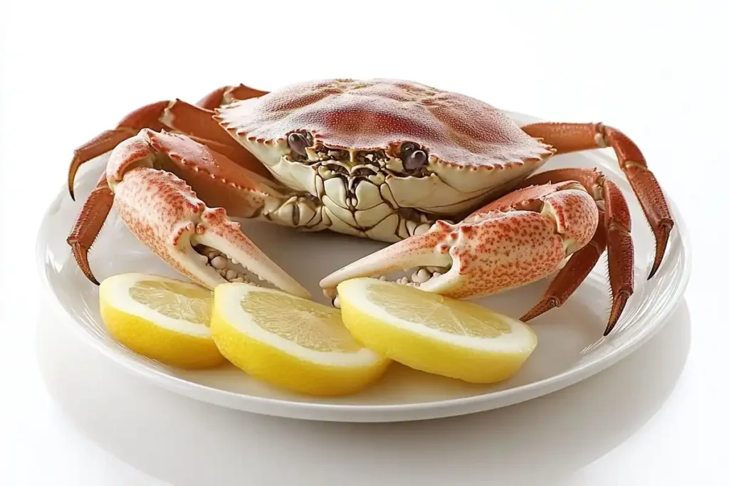 Dungeness Crab served with fresh lemon slices.