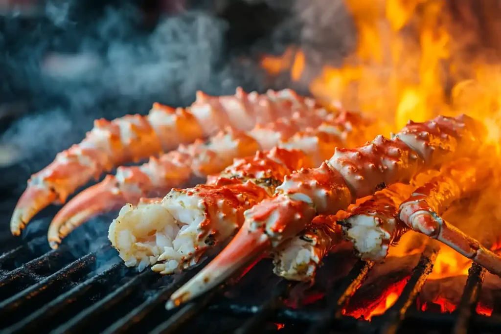 Grilling king crab legs on an outdoor grill.