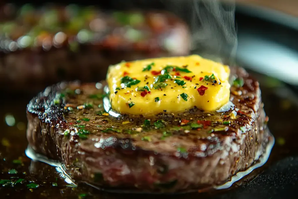 Cowboy butter melting on a juicy grilled steak, showcasing the culinary delight.