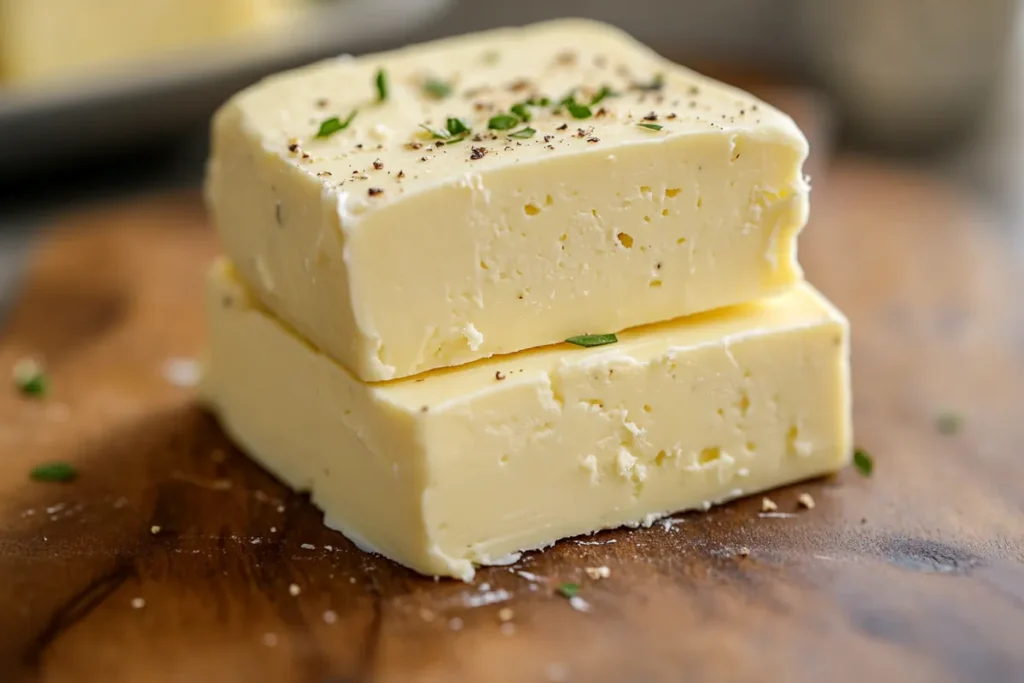 A side-by-side image of cowboy butter, a melted butter dip with garlic and herbs, and compound butter, a solid roll with spices, sliced on a wooden board.