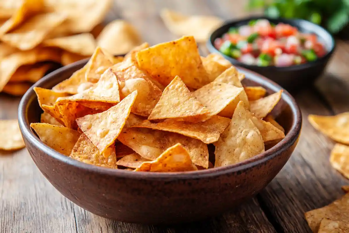 Bowl of Crispy Plantain Chips with Salsa in Background