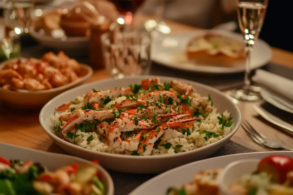 Two people cracking snow crab legs at a table with corn, potatoes, and coleslaw.