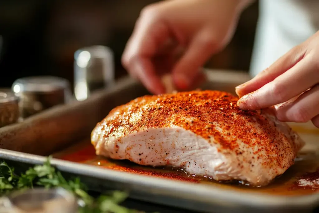 Juicy smoked turkey breast with golden brown skin, sliced on a wooden cutting board