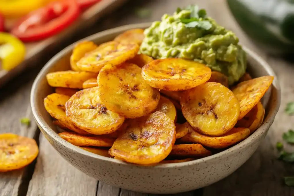 Plantain chips with guacamole and fresh bell pepper slices as part of a healthy snack