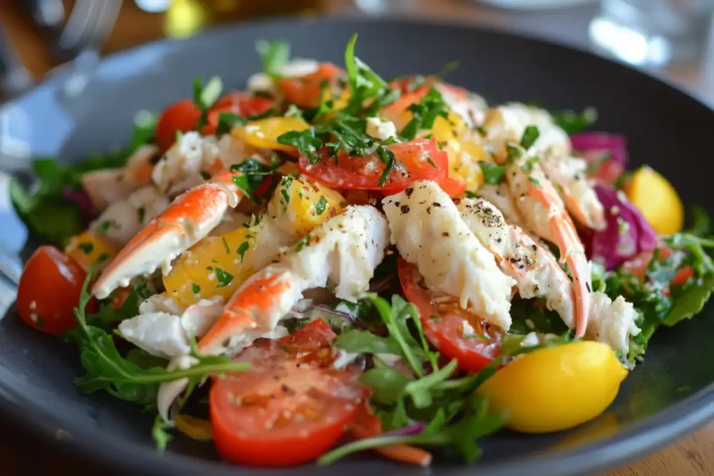 A bowl of snow crab leg salad with lettuce, avocado, and a creamy dressing.