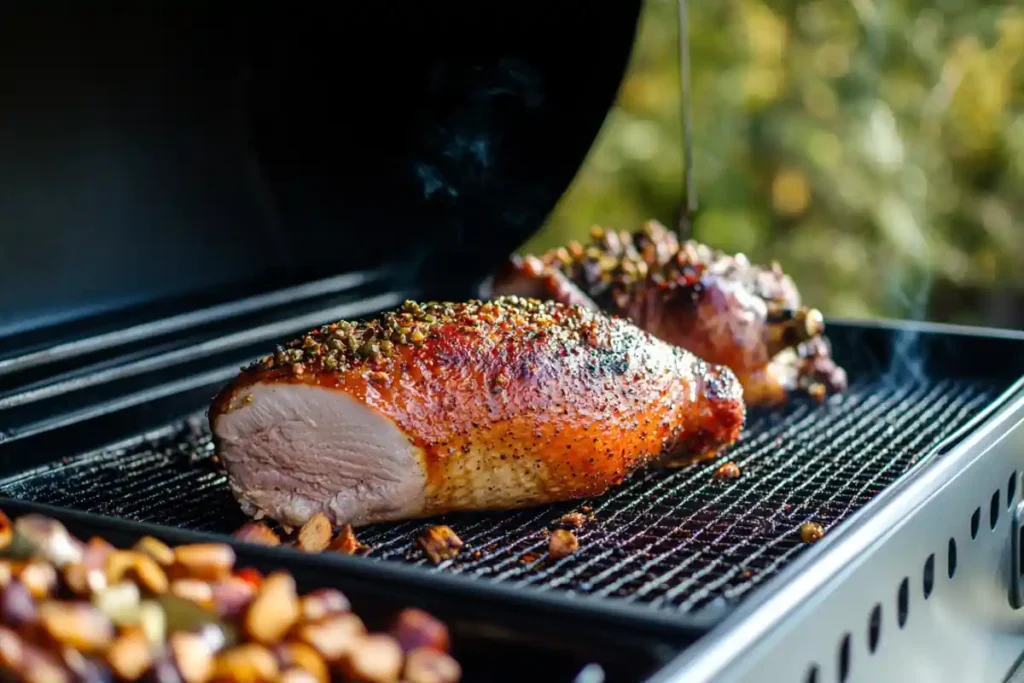 Applying a dry rub to a raw turkey breast in preparation for smoking.