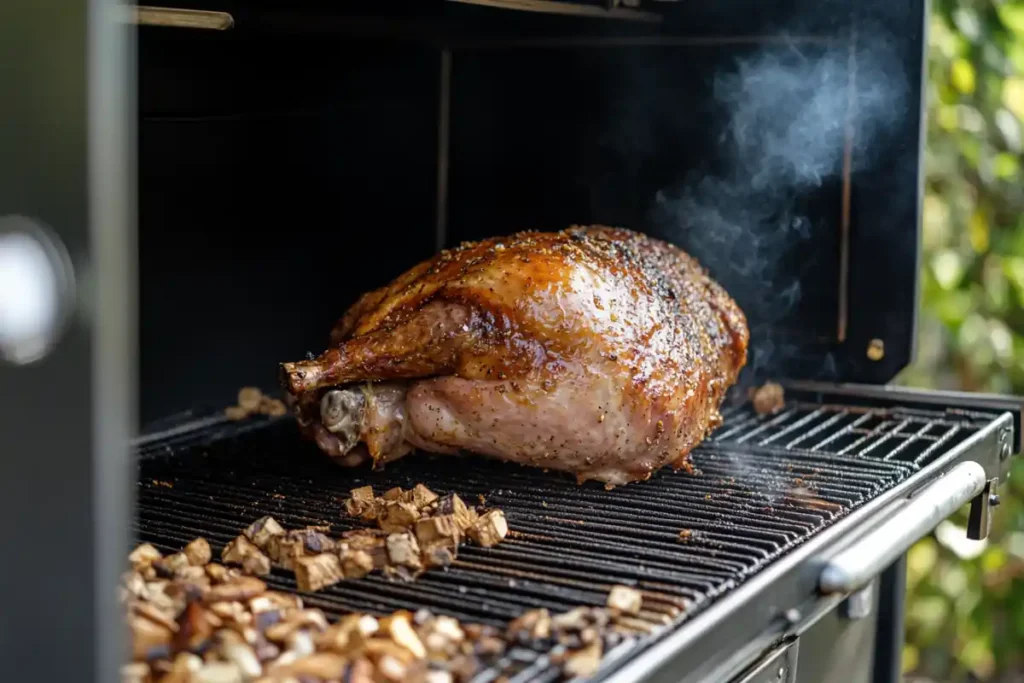 Turkey breast smoking inside a smoker with drip pan and thermometer probe