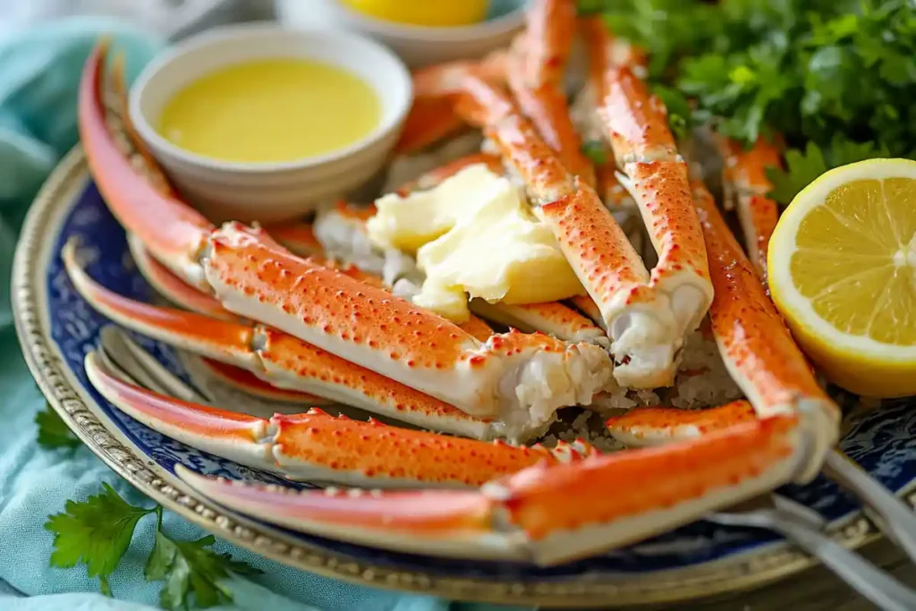 Steamed snow crab legs with melted butter and lemon wedges, perfect for a romantic dinner.