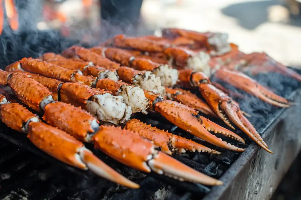 Close-up of snow crab legs steaming in a pot with lemon slices.