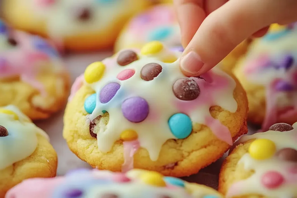 Easter cookies being decorated with white chocolate drizzle and sprinkles