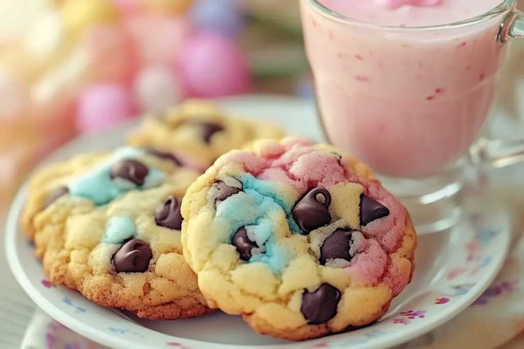 Easter Chocolate Chip Cookies with milk and pastel milkshake