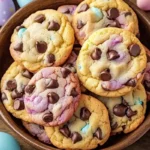 Easter Chocolate Chip Cookies on a rustic table with pastel eggs