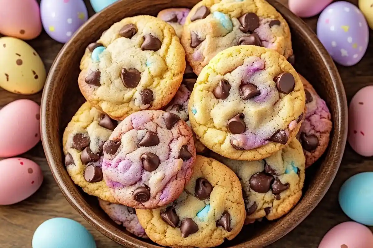 Easter Chocolate Chip Cookies on a rustic table with pastel eggs