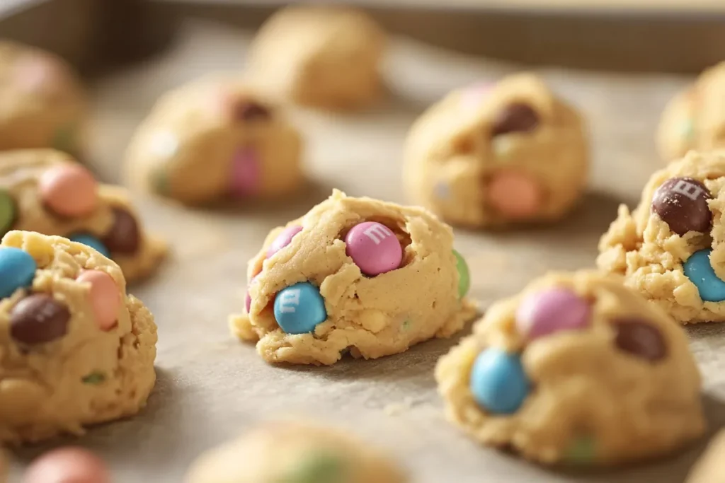 Cookie dough with pastel candies on a baking tray