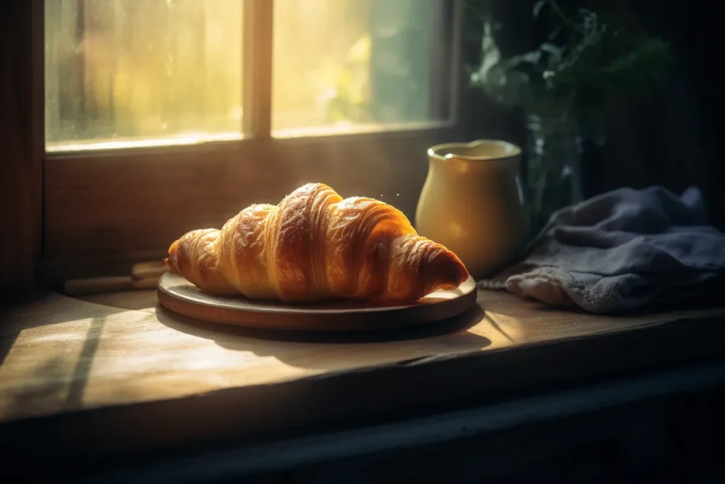 Golden toasted croissant on wooden plate with butter and jam