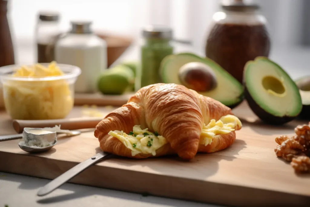 Croissant sandwich being assembled with eggs, avocado, and cheese