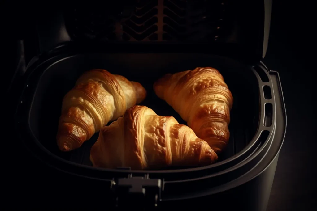 Frozen croissants being toasted in an air fryer basket