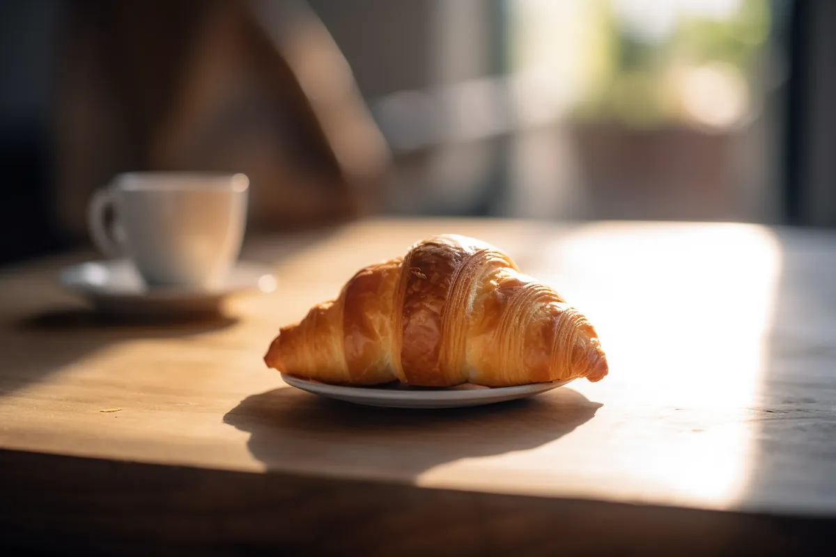 A golden-brown croissant on a rustic wooden table with coffee