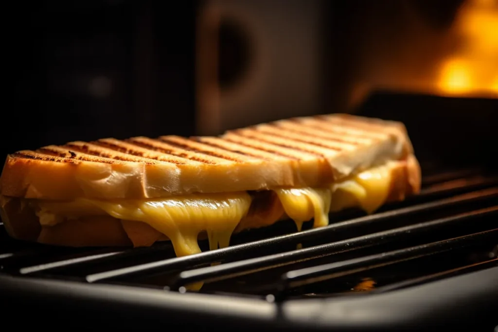 Panini sandwich being grilled with golden-brown grill marks forming