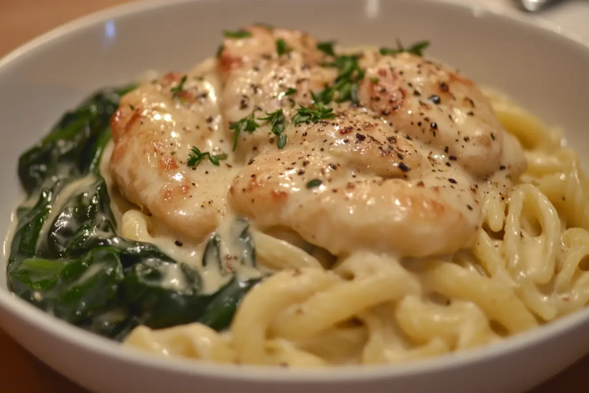 Gemelli pasta with creamy garlic sauce and spinach