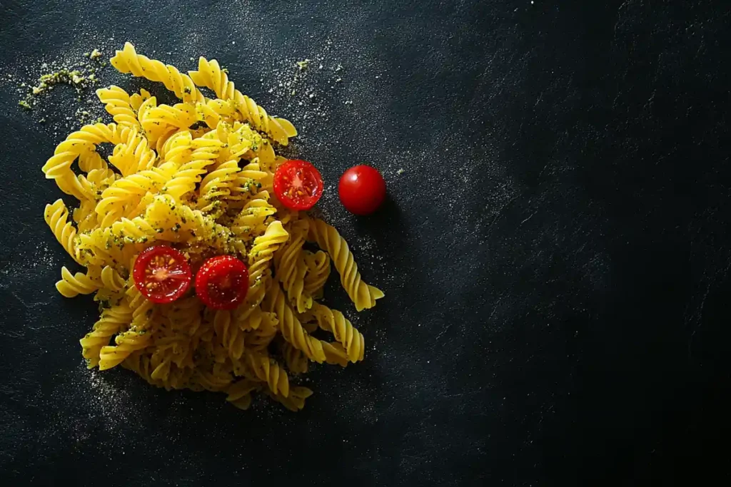 A serving bowl filled with cooked Gemelli pasta coated in green pesto sauce, mixed with red cherry tomato halves and topped with grated Parmesan cheese.