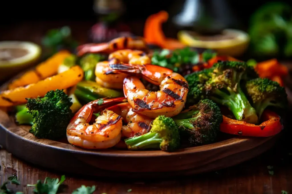 Close-up of grilled Cajun shrimp on a rustic plate with colorful steamed vegetables like broccoli and bell peppers, garnished with fresh herbs.