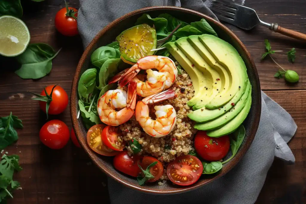 Overhead view of a Cajun shrimp quinoa bowl with avocado, cherry tomatoes, spinach, and lemon vinaigrette, served in a ceramic bowl on a wooden table.