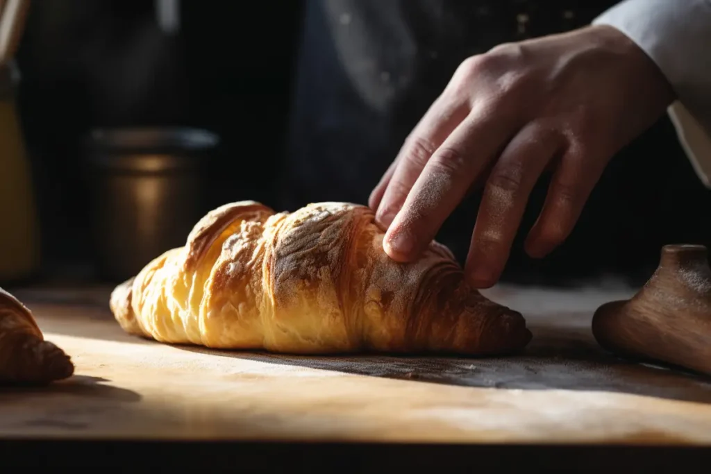 A baker folding butter into dough for croissant preparation