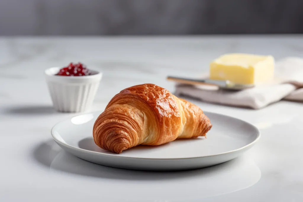 Golden-brown toasted croissant served with butter and jam