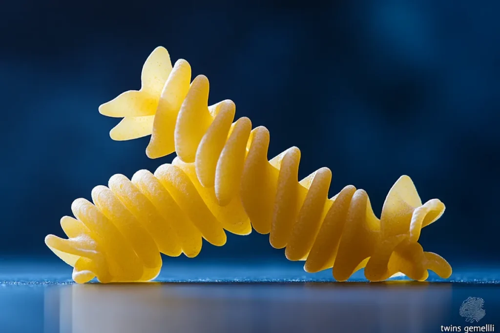 Close-up view of several uncooked Gemelli pasta pieces showcasing their distinct double-helix, twisted shape.